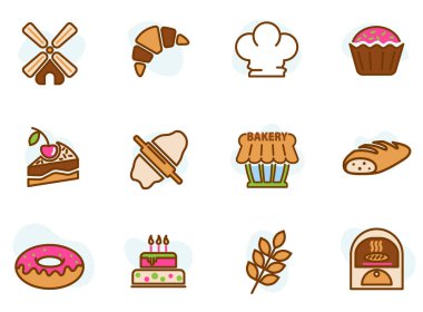 Beyaz arkaplanda izole edilmiş fırın renkli simgeler