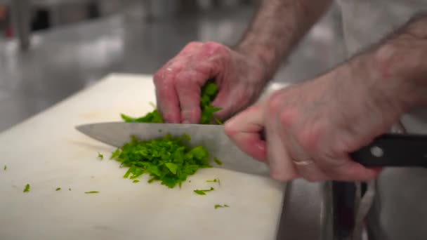 Chef cortar hierbas en una mesa — Vídeo de stock