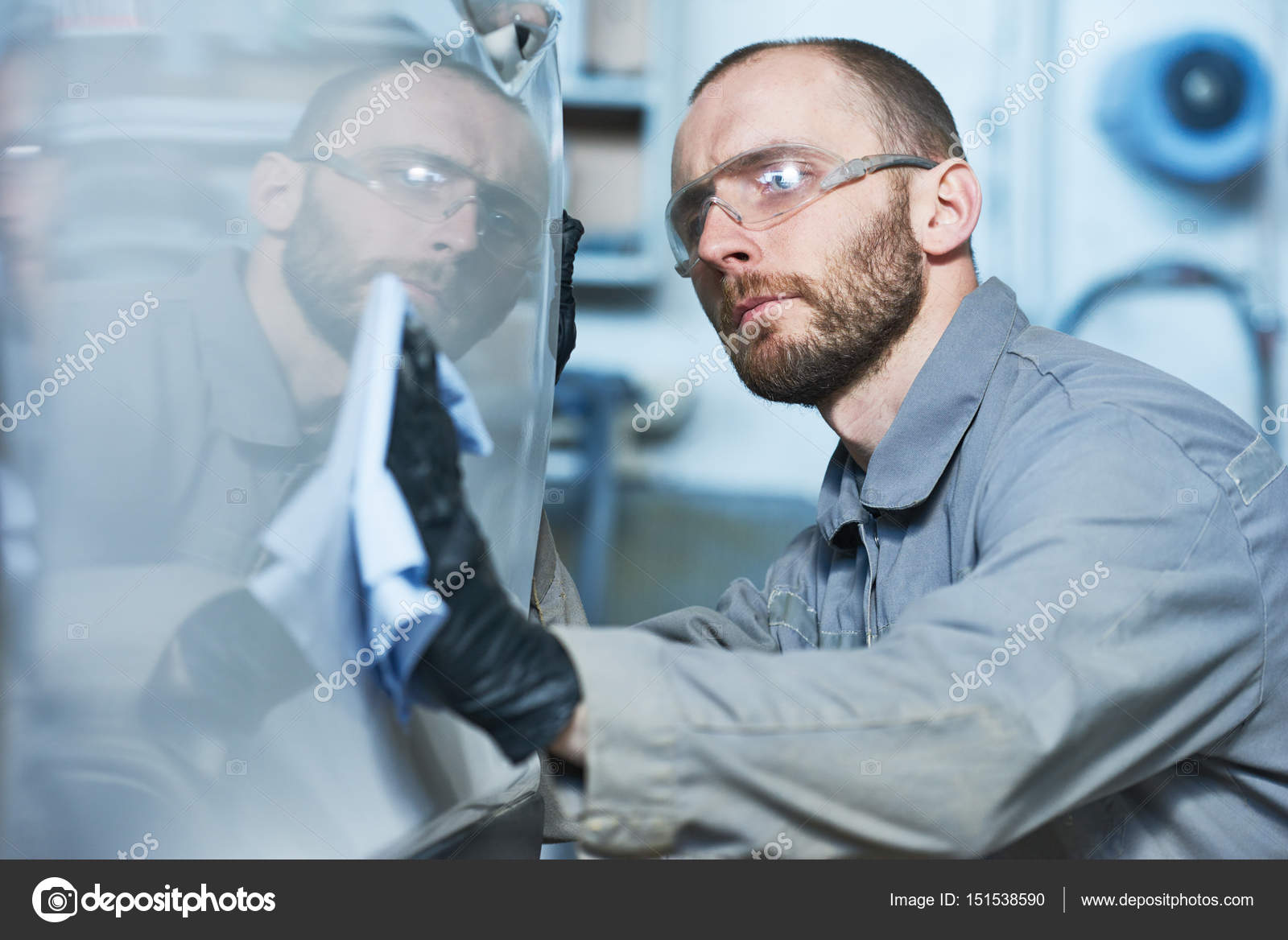 Repair Man Worker Polishing Automobile Car Body In Garage Stock