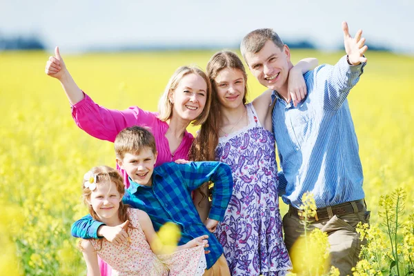 Grote familie in zomer veld buitenshuis. — Stockfoto