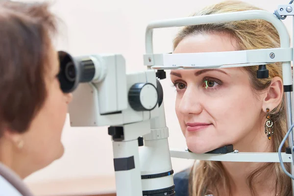 Ophthalmology. female doctor checks eyesight at woman Royalty Free Stock Photos