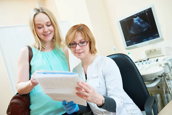 Ultrasound scan. Pregnancy. Gynecologist with patient and documents before test — Stock Photo, Image