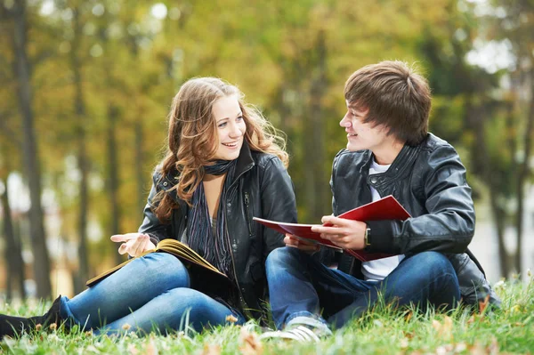 Estudantes universitários felizes no gramado do campus ao ar livre — Fotografia de Stock