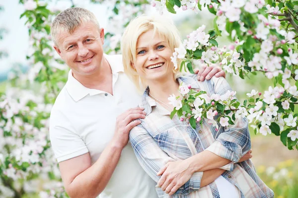 Smiling adult couple in love. Blossoming tree garden — Stock Photo, Image