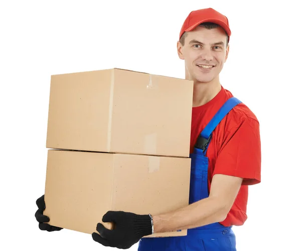 Delivery man με κουτί και χαρτόνι — Φωτογραφία Αρχείου