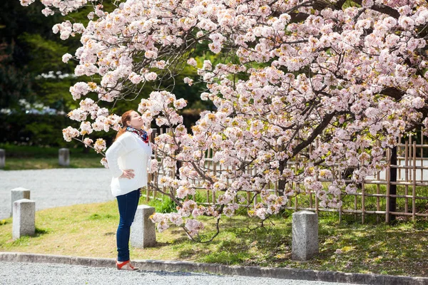 Молодая Кавказская Женщина Наслаждается Природой Весной Парк Цветущими Розовыми Вишневыми — стоковое фото