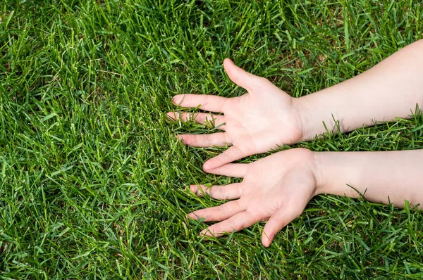 Cuacasian Żeńskie Ręce Dłońmi Górę Zielonej Trawie Widok Bliska — Zdjęcie stockowe