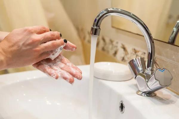 Washing Hands Thoroughly Soap Hot Water Close View — Stock Photo, Image
