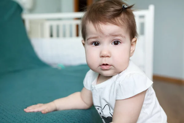 Infant Child Portrait Caucasian Girl Brown Eyes Blonde Hair Domestic — Stock Photo, Image