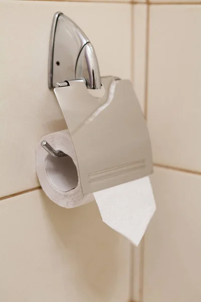 Roestvrij Toiletrolhouder Met Nieuwe Rol Papier Close View — Stockfoto