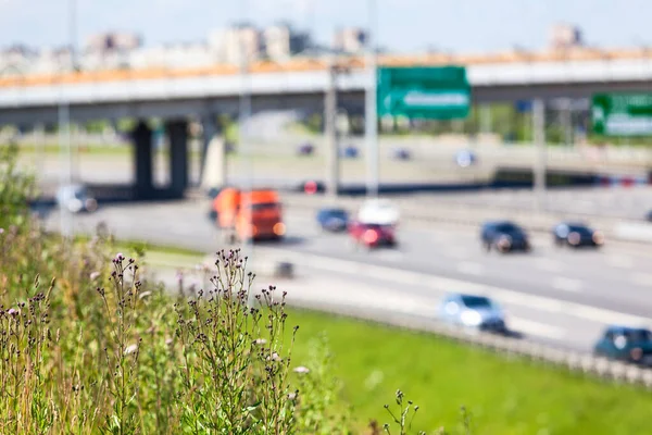 Blick Auf Die Stadtautobahn Vom Grünen Fahrbahnrand Viele Fahrzeuge Dröhnen — Stockfoto