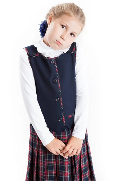 Ritratto Triste Ragazza Della Scuola Primaria Vestita Uniforme Scolastica Isolata — Foto Stock