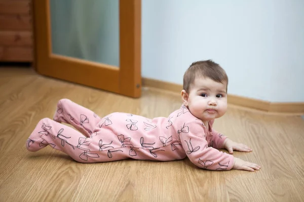 Portrait Caucasian Baby Lying Floor Domestic Room Creeper Crawlers — Stock Photo, Image