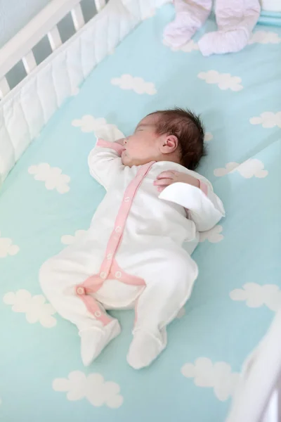 Baby Girl White Pink Clothes Asleep Wooden Bed — Stock Photo, Image