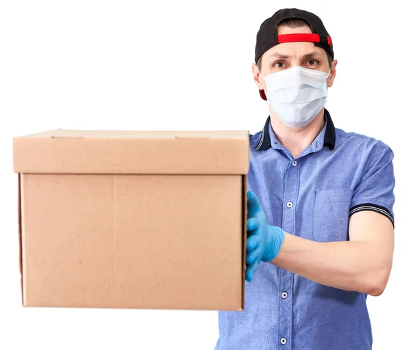 Courier Stretching Out Cardboard Box Delivery Service Man Surgical Mask — Stock Photo, Image