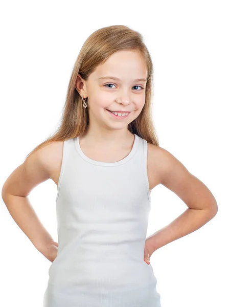 Menina Sorridente Bonito Nova Com Olhos Azuis Cinzentos Cabelos Castanhos — Fotografia de Stock