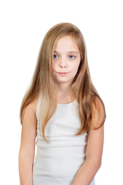 Menina Séria Bonito Nova Com Olhos Azuis Cinzentos Cabelos Castanhos — Fotografia de Stock