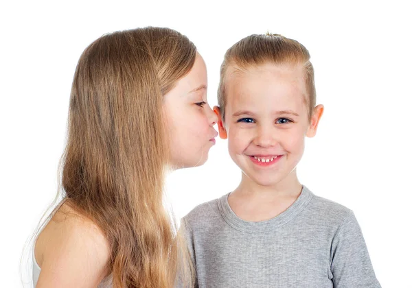 Young Smiling Caucasian Boy Girl Kisses Him Cheek Isolated White — ストック写真