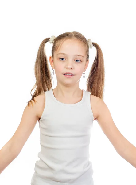 Menina Sorridente Bonito Nova Com Olhos Azuis Cinzentos Duas Caudas — Fotografia de Stock