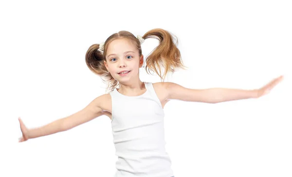 Menina Sorridente Bonito Nova Com Olhos Azuis Cinzentos Dois Saltos — Fotografia de Stock