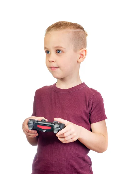 Jovem Bonito Caucasiano Menino Joga Jogos Computador Com Joystick Isolado — Fotografia de Stock