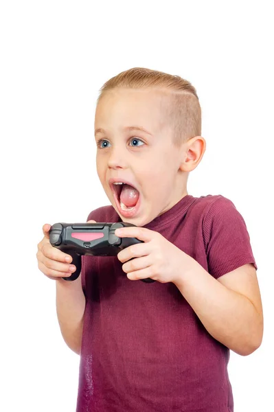 Jovem Animado Bonito Caucasiano Menino Joga Jogos Computador Com Joystick — Fotografia de Stock