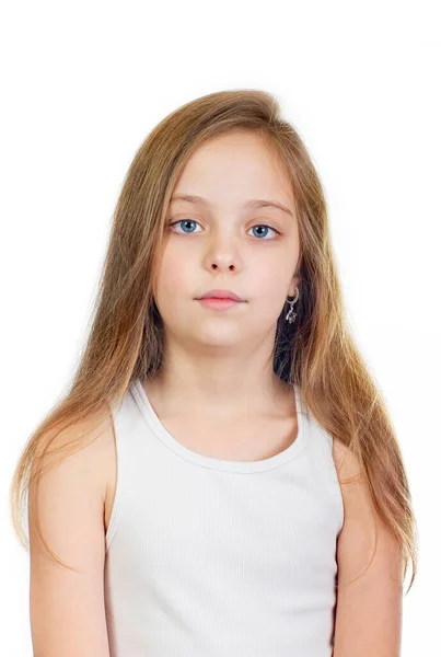 Young Cute Serious Girl Grey Blue Eyes Long Light Brown — Stock Photo, Image