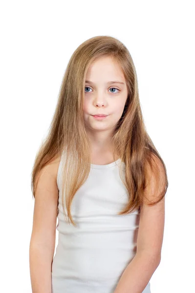 Young Cute Serious Girl Grey Blue Eyes Long Light Brown — Stock Photo, Image