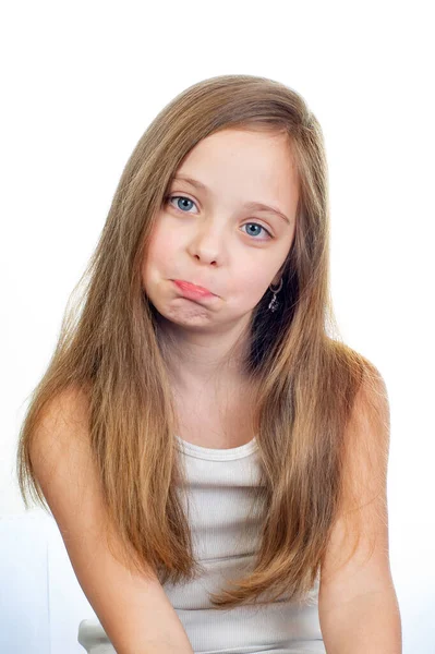 Young Cute Grimace Girl Grey Blue Eyes Long Light Brown — Stock Photo, Image