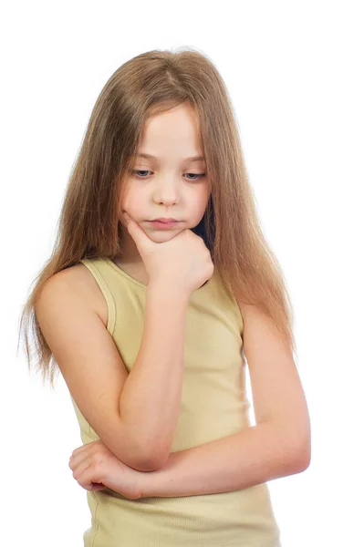 Young Cute Thinking Girl Grey Blue Eyes Long Light Brown — Stock Photo, Image