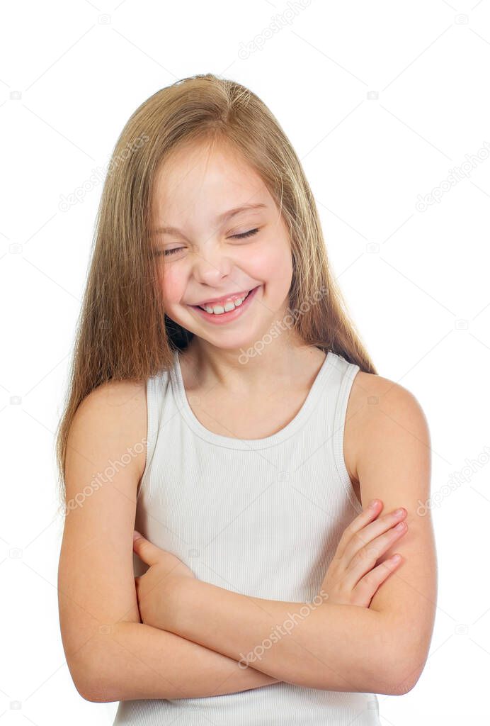 Young cute laughing girl with long light brown hair isolated on white background