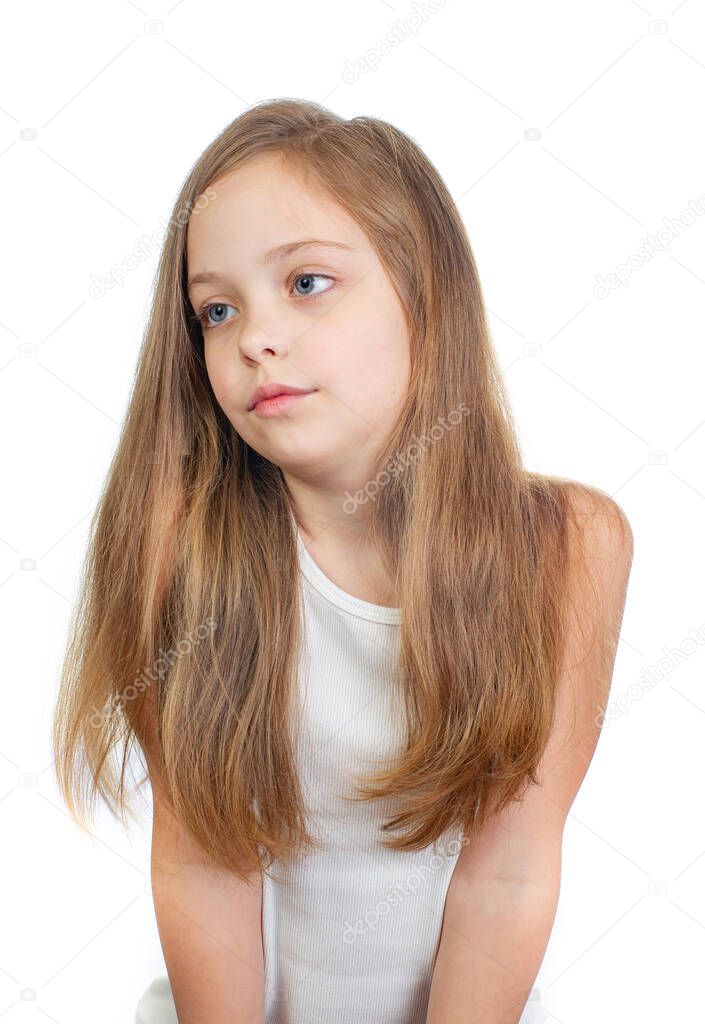 Young cute girl with grey blue eyes and long light brown hair isolated on white background