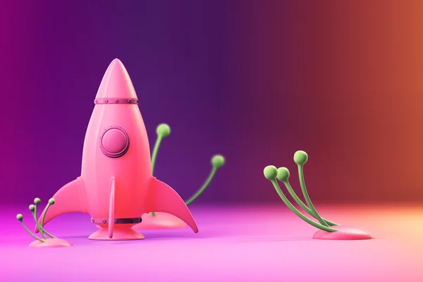 Cohete estilo dibujos animados en el planeta alienígena — Foto de Stock