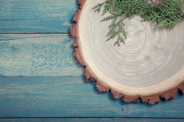 Ξύλινη σανίδα με φύλλα του thuja στο ξύλινο τραπέζι — Φωτογραφία Αρχείου