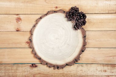 Ahşap masa üzerinde kuru çam kozalakları ile kurulu