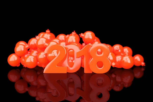 Red 2018 new year figures with baubles in the back on black back — Stock Photo, Image