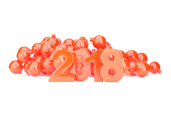 Red 2018 new year figures with baubles in the back isolated on w — Stock Photo, Image