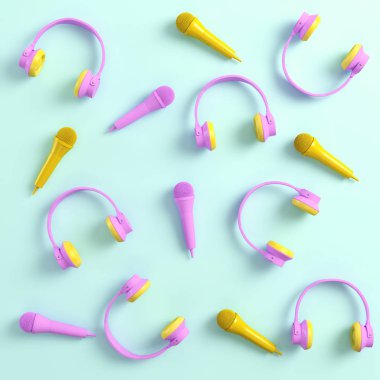 Kulaklık ve mikrofon pastel renklerde parlak arka plan üzerinde. Üstten Görünüm. 3D render