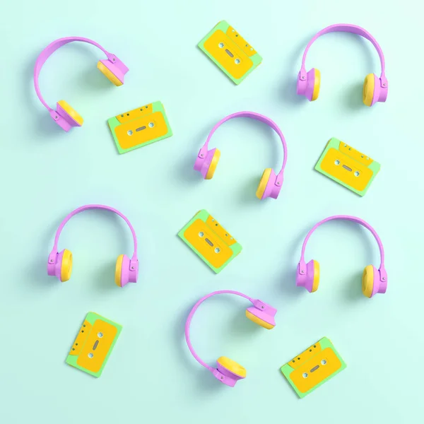 Kulaklıklar Retro Kasetlerden Pastel Renklerde Parlak Arka Plan Üzerinde Üstten — Stok fotoğraf