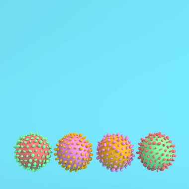 Pastel renklerde parlak mavi arkaplanda dört renkli virüs