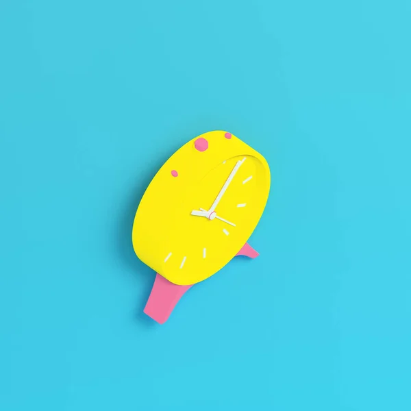 Yellow Retro Alarm Clock Bright Blue Background Pastel Colors Minimalism — Stock Photo, Image