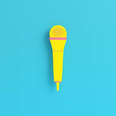 Sarı mikrofon, parlak mavi arka planda, pastel renklerde. Minimalizm kavramı. 3d hazırlayıcı