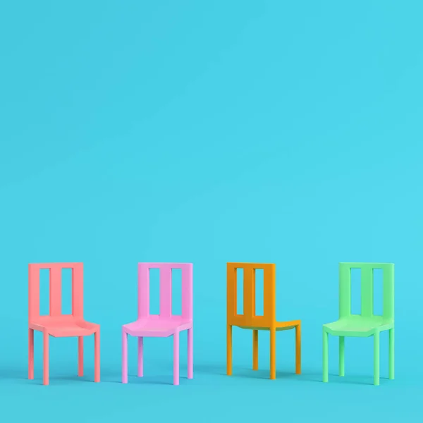 Fyra Färgglada Stolar Ljusblå Bakgrund Pastellfärger Minimalistiskt Koncept Återgivning — Stockfoto