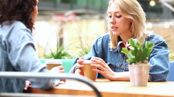 Женщины пьют кофе вместе и болтают — стоковое видео