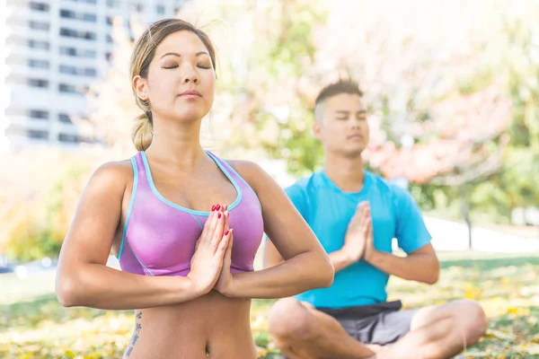 Pareja china practicando yoga en el parque de Toronto — Foto de Stock