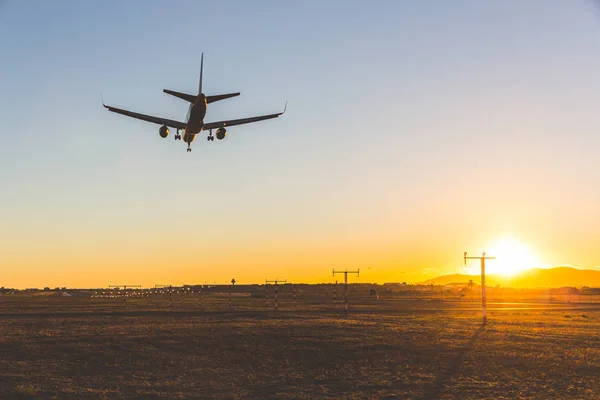 Airplane landing at sunset, bottom view — Stock Photo, Image