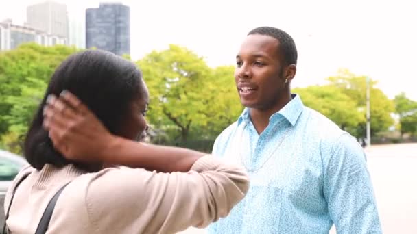 Щасливі чорні пари говорити в Чикаго — стокове відео