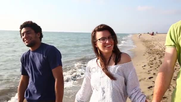 Gruppo multirazziale di amici che camminano sulla spiaggia — Video Stock