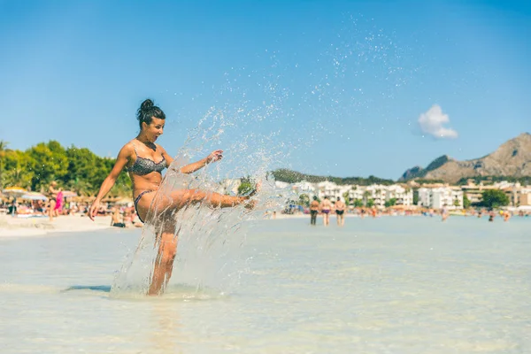 Beautiful woman having fun at seaside in Majorca — Stock Photo, Image
