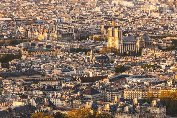 Paris, Notre Dame cathedral aerial view at sunset — Stock Photo, Image